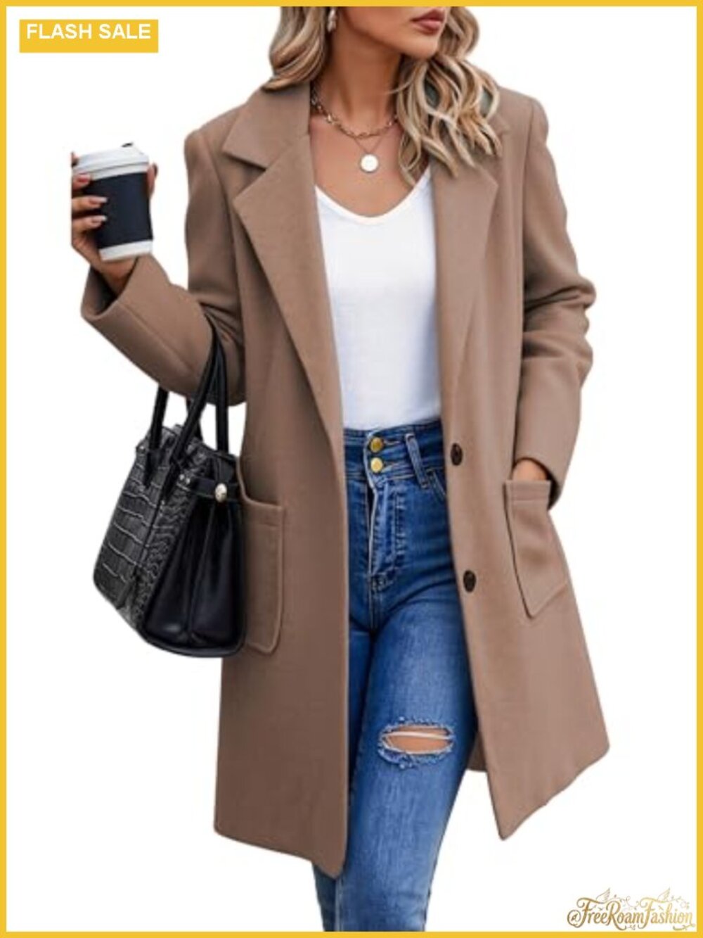 Women's Trench Coat with Pockets - Long Sleeve Peacoat Overcoat